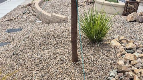 A desert-style yard featuring a large bed of small, decorative brown and gray gravel, with a small tree and a rock planter.