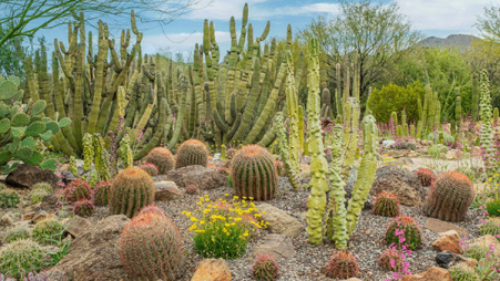 A thriving, diverse garden of various types of cacti and succulents, including saguaros and barrel cacti, in a sunny desert setting.